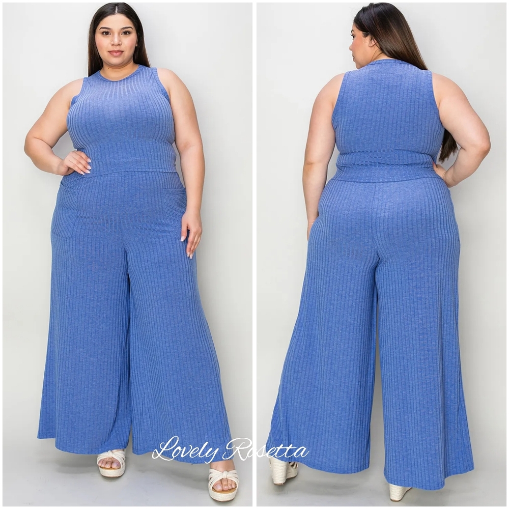 Blue Ribbed Tank and Wide Leg Pants Set